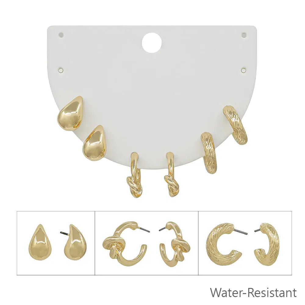 Set of Three Gold Huggie Hoops, Teardrop .5" Stud Earrings