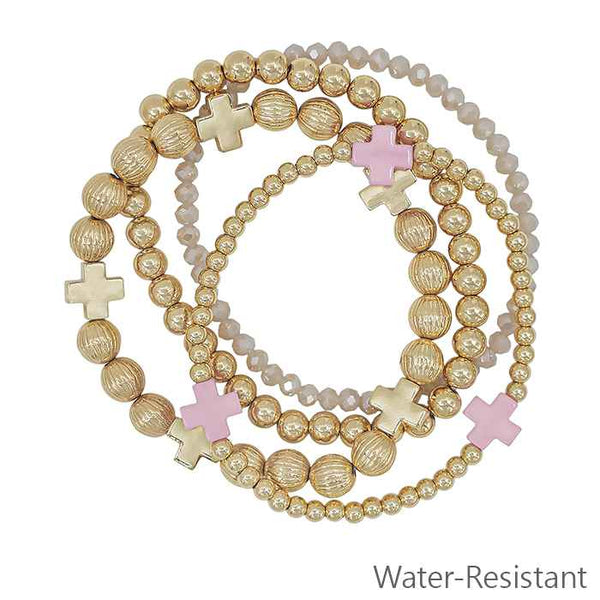 Set of 4 Gold Textured Beaded, Cross, w/ Pink Cross & Crystal Stretch Bracelets