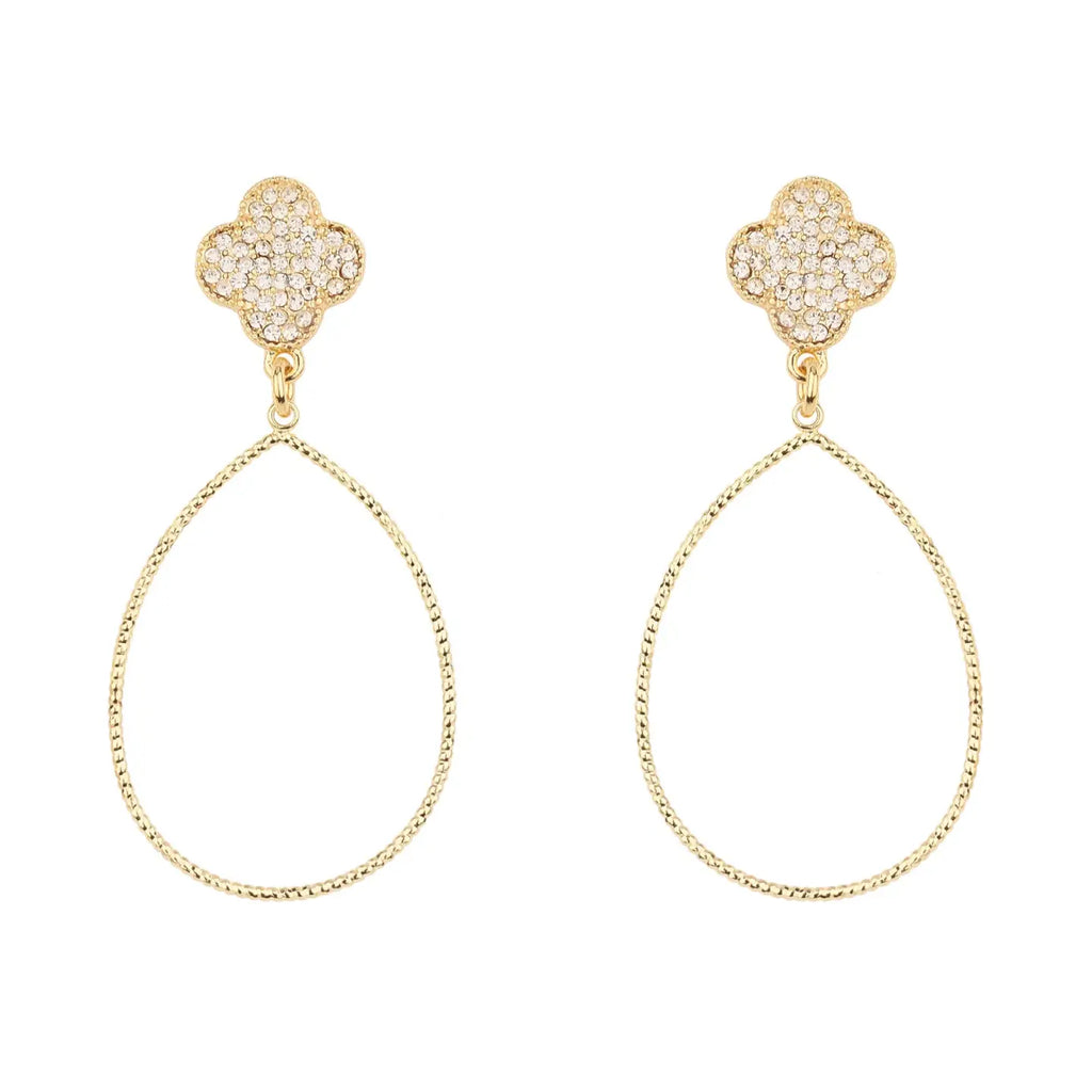 Gold Pave Clover with Teardrop 2" Earring