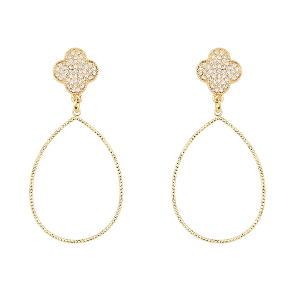 Gold Pave Clover with Teardrop 2" Earring