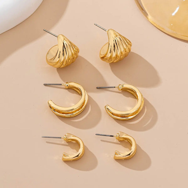 Gold-Plated Ribbon & Hoop Trio Earrings Set