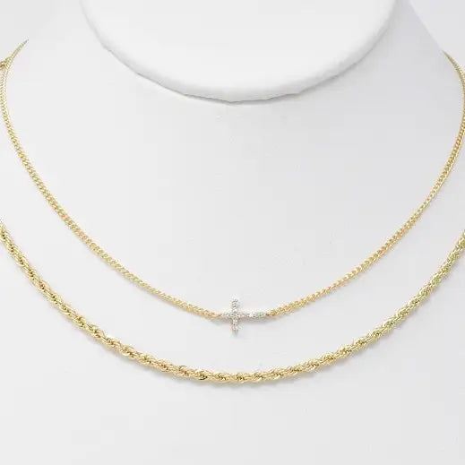 Gold Braided Chain w/ Rhinestone Cross Layered 16"-18" Necklace