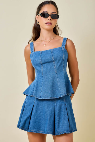 Peplum Pleated Denim Top & Skort Set