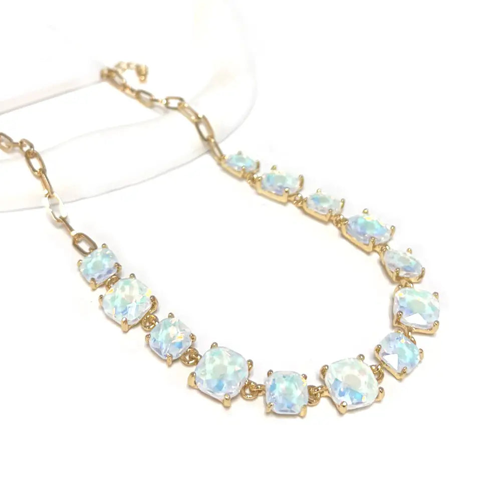 Pastel White Squared Glass Crystal and Gold Chain 16"-18" Necklace