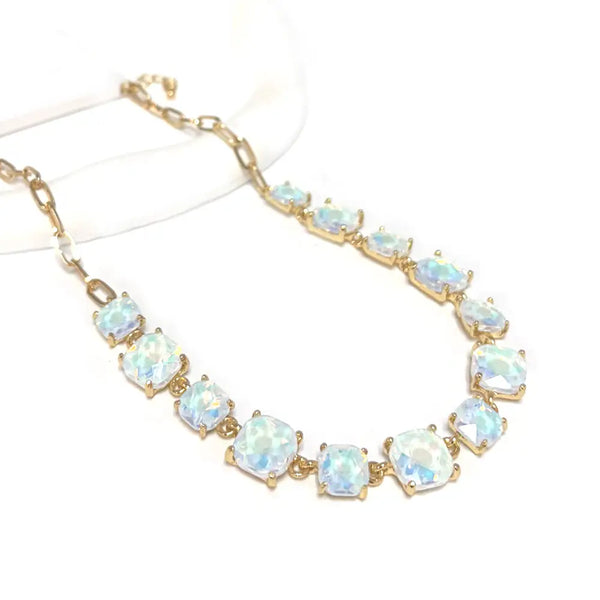 Pastel White Squared Glass Crystal and Gold Chain 16"-18" Necklace