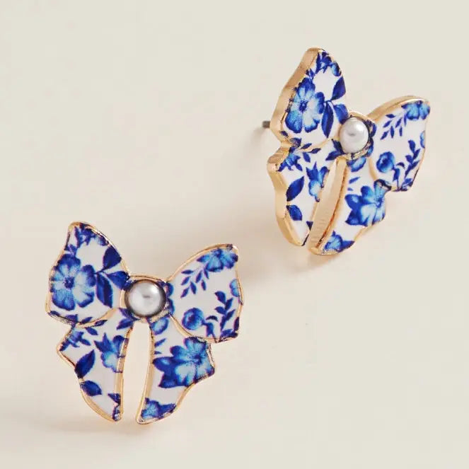 Ceramic Bow Enamel Casting Flower Pattern Earrings
