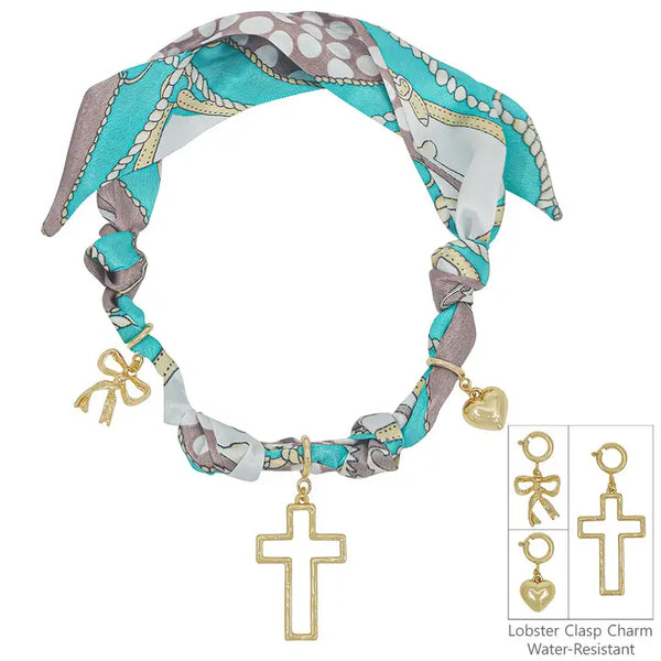 Knotted Scarf Necklace with Puffy Heart,Open Cross, & Bow Charm