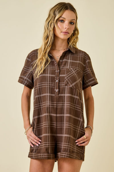 Checkered Suede Folded Cuff & Hem Romper