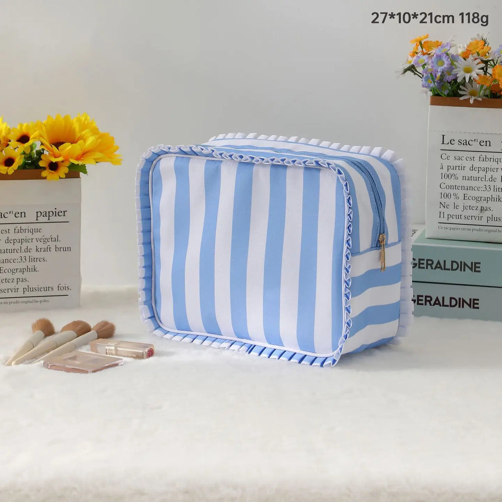 Ruffle Checker Stripe Cosmetic Travel Pouch Bag