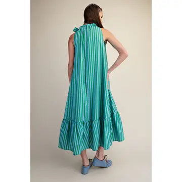Stripe Ruffle Neck Tie Midi Dress