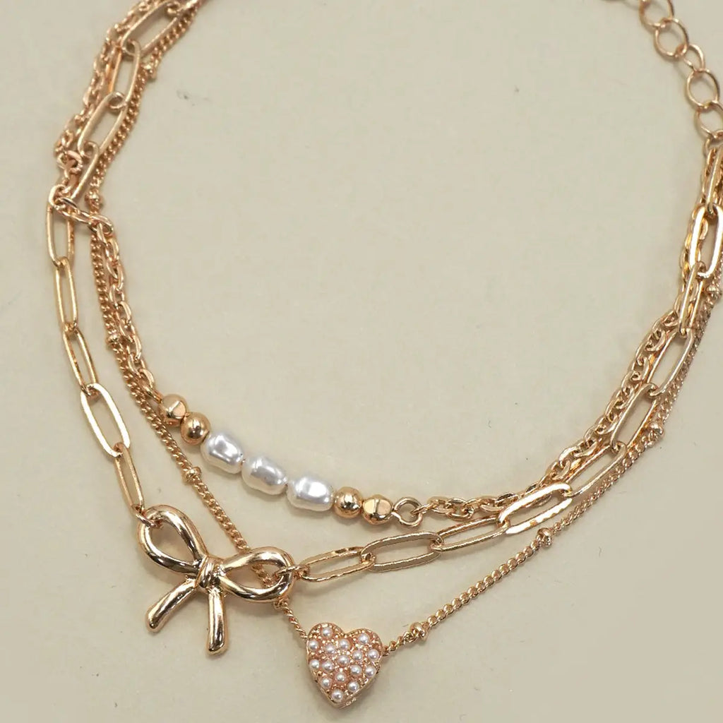 Charm Bracelet-Multi Layer Bow Pearl Heart Charms
