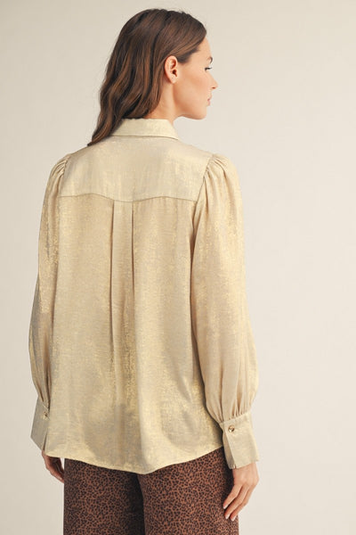 Puff Shoulder Button Down Metallic Top