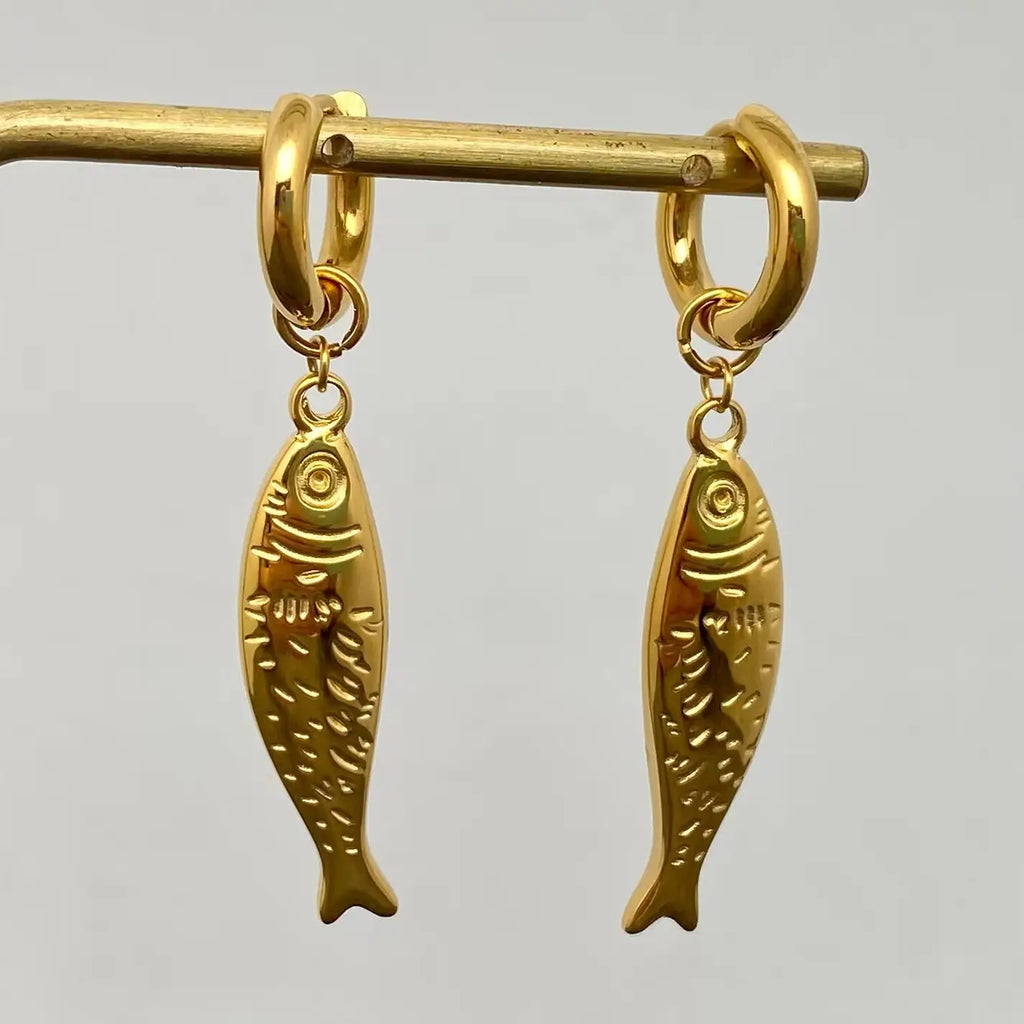 Fish Charm 18K Gold Plated Huggie Earrings