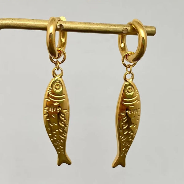 Fish Charm 18K Gold Plated Huggie Earrings