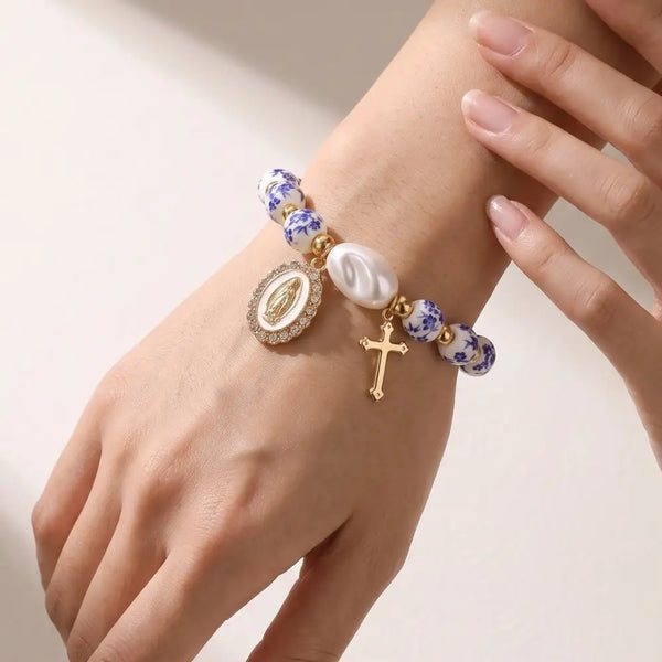 Miraculous Medal Cross Beaded Blue Bracelet