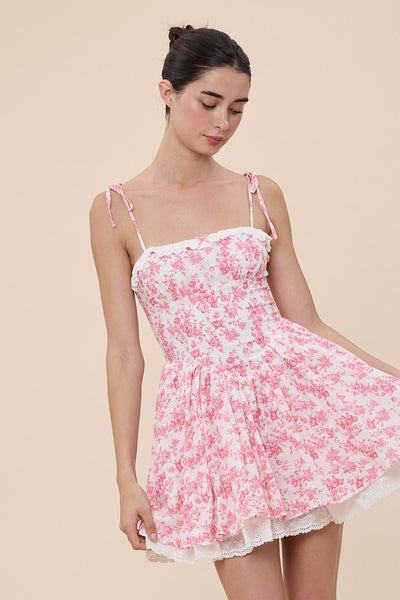 Floral Tie Strap Lace Flare Mini Dress