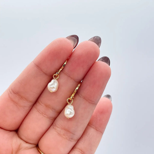 18k Gold Filled Dainty Dangling Hoop w/ Small Pearl Charm