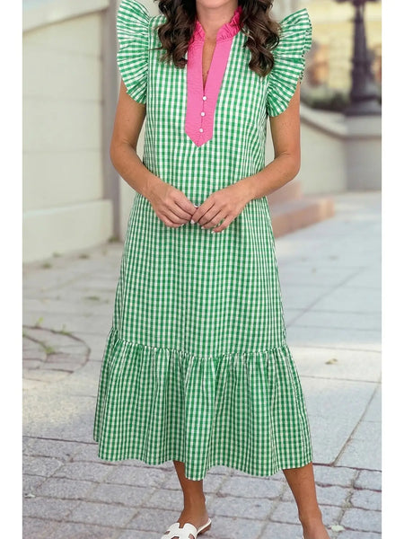 Color-Blocked Plaid Pattern Midi Dress