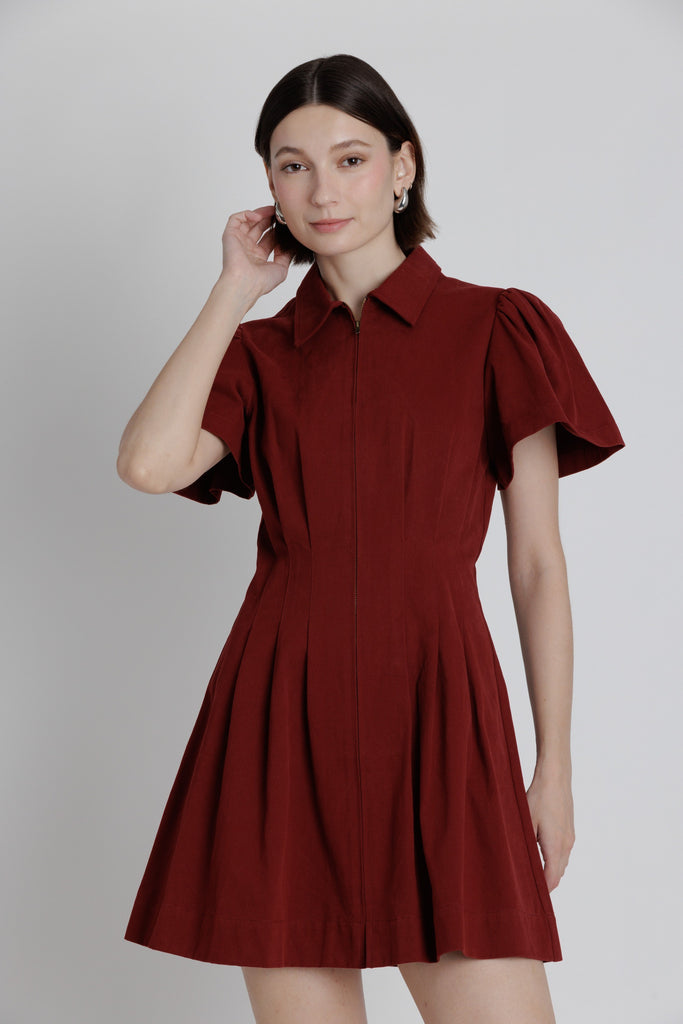 Pleated Twill Utility Mini Dress