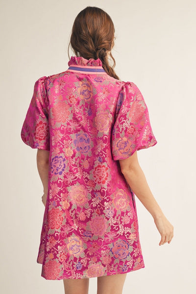 Ruffled Neckline Floral Jacquard Dress