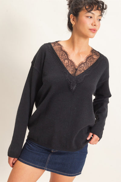 Lace Trim V-Neck Sweater