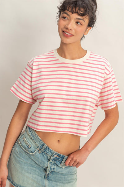 Striped Oversized Short Sleeve Cropped Tee