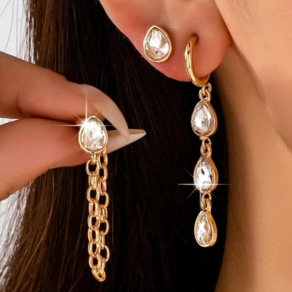 Teardrop Crystal Chain Hoop Drop Trio Earring Set
