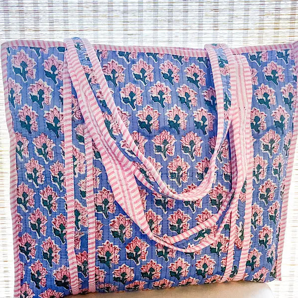 Sybil Blue and Pink Floral Tote Bag