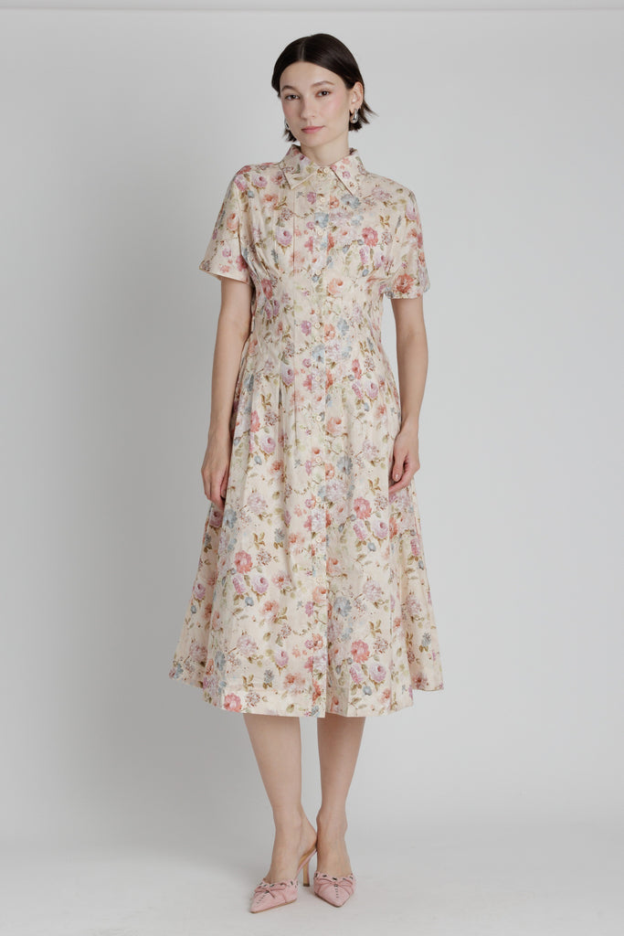 Pleated Floral Midi Shirt Dress
