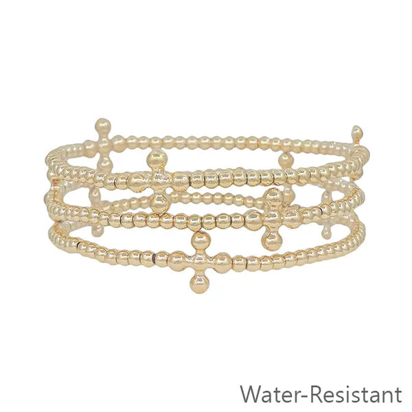 Water Resistant Gold Set of 3 3mm Beaded w/ Bubble Cross Stretch Bracelets