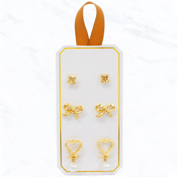 Gold Heart, Bow & Pearl Earring Set