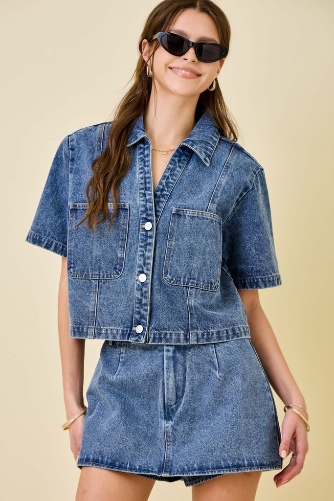 Boxy Button Down Crop Denim Top