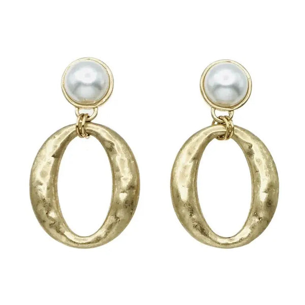 Pearl Stud with Hammered Gold 2" Oval Earring