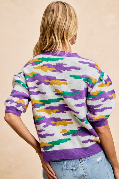 Mardi Gras Theme Camo Knit Top