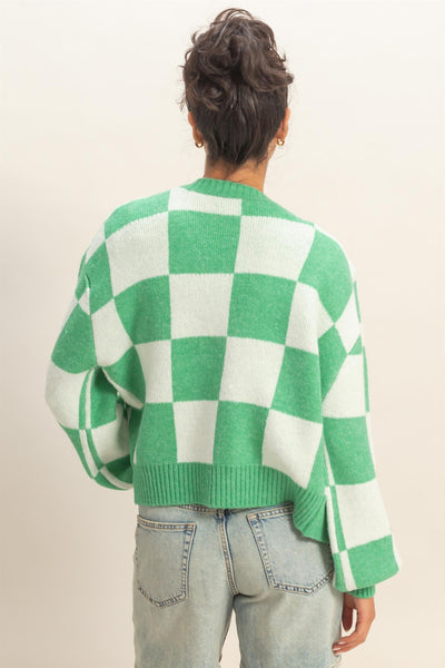 Checkered Button Front Cardigan Sweater