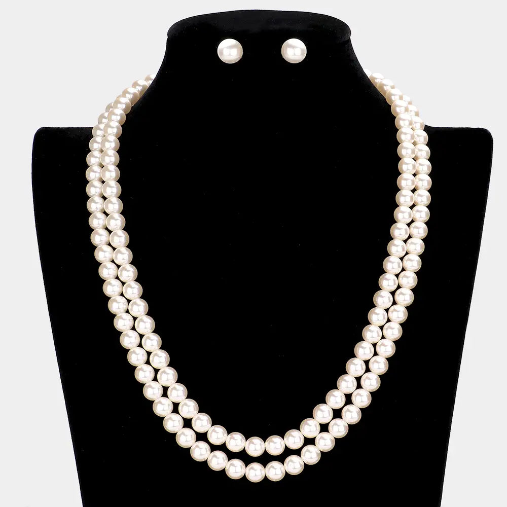 Double Layered Pearl Necklace & Earrings