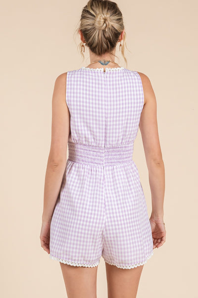 Gingham Printed Romper W/ Lace Trim Detail