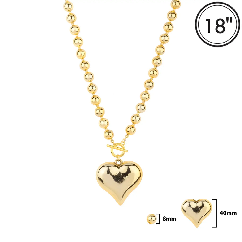 Gold 8mm Beaded w/ Large 1.5" Puffy Heart 16"-18" Necklace