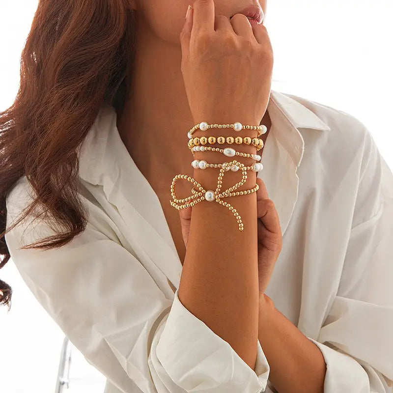 Multi Layer Ball Chain Bead Pearl Bow Bracelet