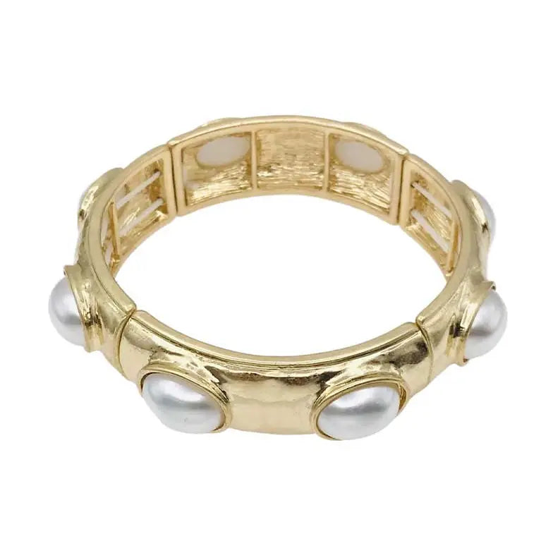 Pearl Oval Stone On Hammered Gold Stretch Bracelet