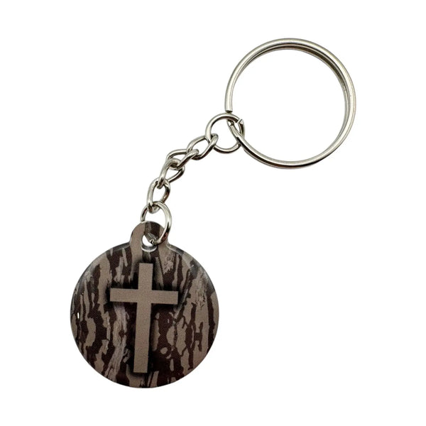Tap To Pray Tree Bark Camo Cross Prayer Tag Keychain