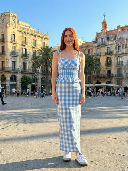 Gingham Printed Crop Top & Midi Skirt Set