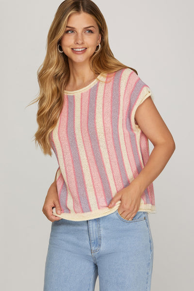 Short Sleeve Striped Knit Sweater
