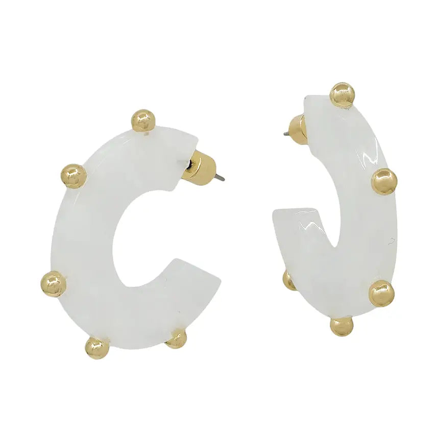 White Acrylic w/ Gold Studded Accents 1.25" Hoop Earring