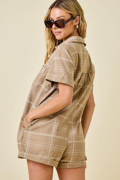 Checkered Suede Folded Cuff & Hem Romper