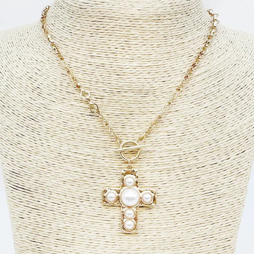 Gold Open Chain Toggle Necklace with Pearl Studded Cross
