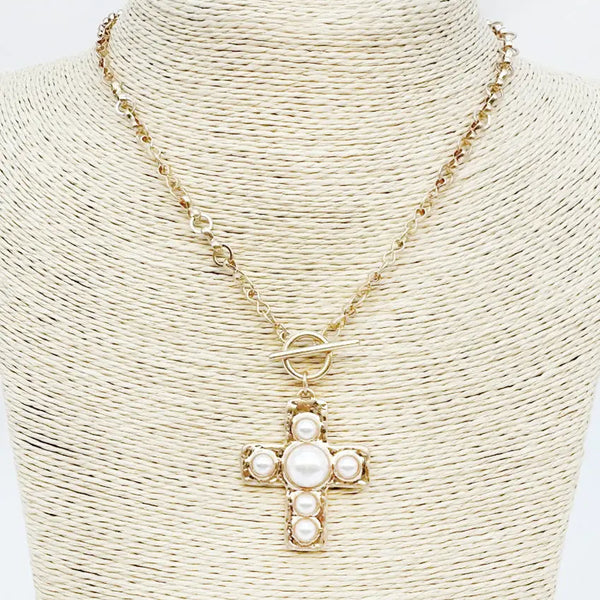 Gold Open Chain Toggle Necklace with Pearl Studded Cross