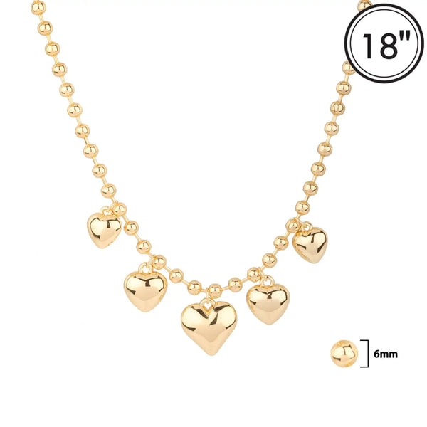 Gold 6mm Beaded Chain w/ 5 Puffy Heart Charms 16"-18" Necklace