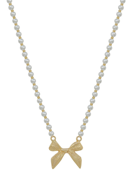 Pearl Beaded Chain 16"-18" Necklace with Gold Bow