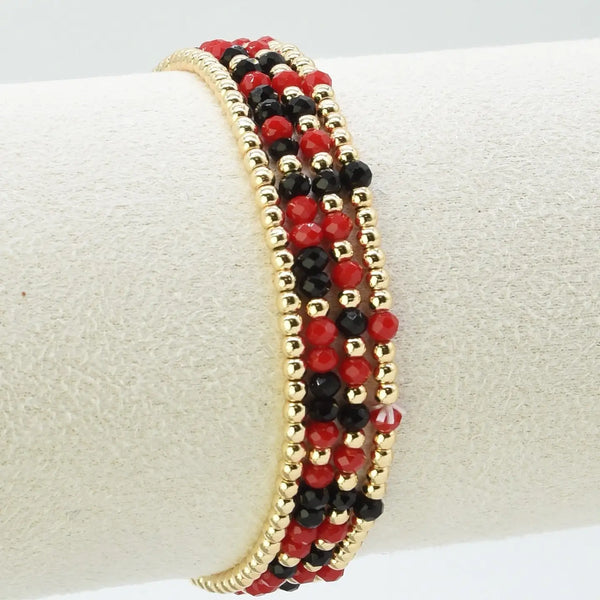 Set of 4 Red & Black Glass Bead & Gold Stretch Bracelets